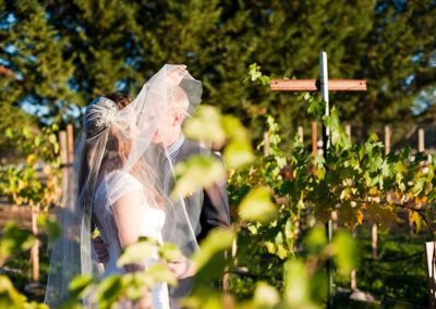 Outdoor Wedding photo of couple kissing in the vineyard