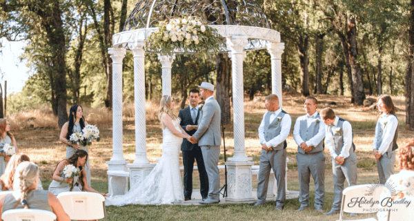 Bride and groom getting married at the Rough & Ready Vineyards gazebo. Photo by Katelyn Bradley Photography