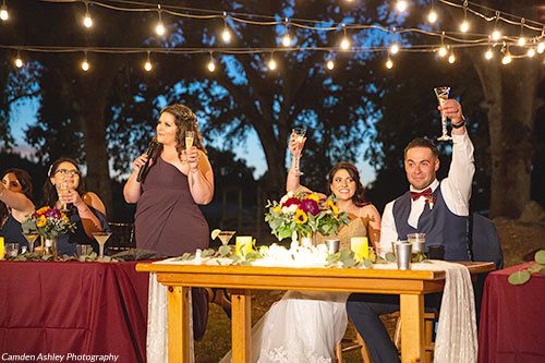 A bride and groom with their wedding party participating in a toast. Photo by Camden Ashley Photography