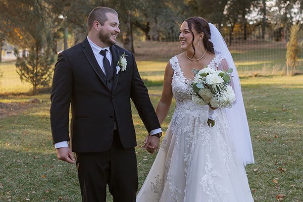 Happily married couple walk together