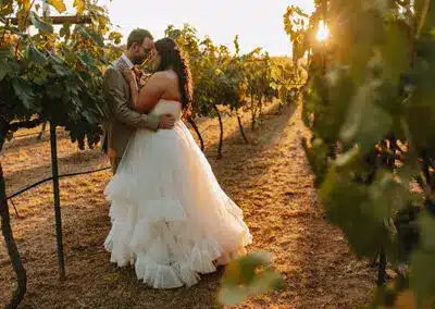 Bride and groom share a tender moment at sunset in the vineyards. Photo by Ashton Imagery