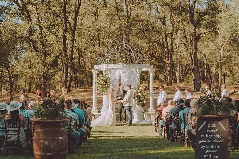 Couple at gazebo at their Napa Valley themed wedding in Nevada County