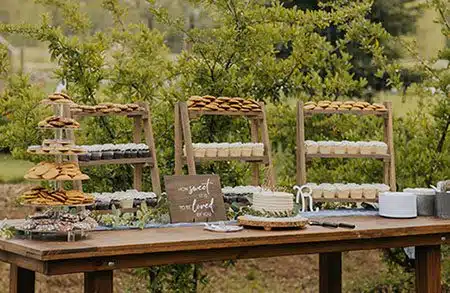 Dessert table at an outdoor wedding. Photo by Taylor Benedickt