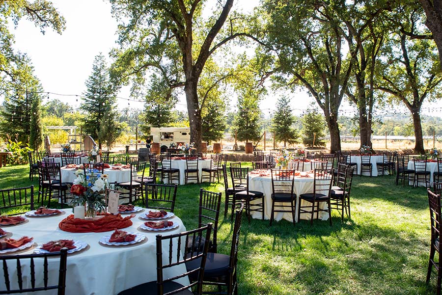 reception area set up for a Septemeber wedding at Rough and Ready Vineyards