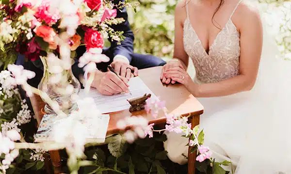 Bride and groom signing their marriage license